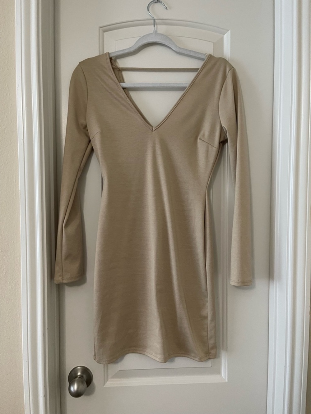 Charlotte Russe Beige Long Sleeve V-Neck Bodycon Dress